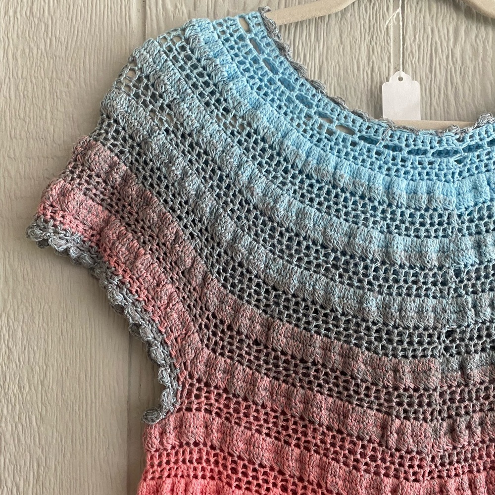 Women Handmade Crochet Blue Pink Ombré Multicolor Short Sleeve Boho Top No Size - Picture 3 of 6